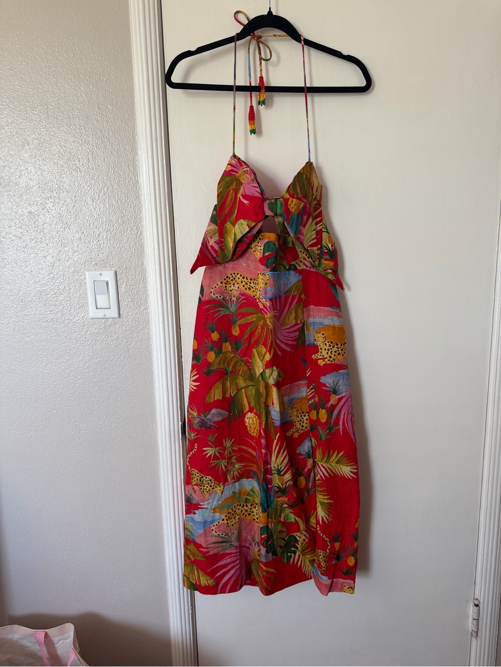 FARM Rio Red Tropical Halter Midi Dress with Green & Yellow Accents